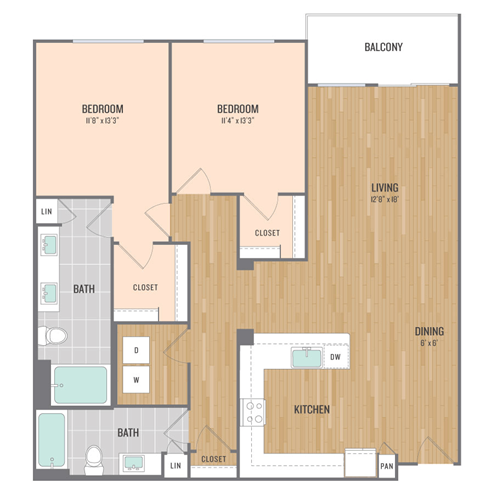 Floor plan for 2 beds, 2 baths, 1273 sqft